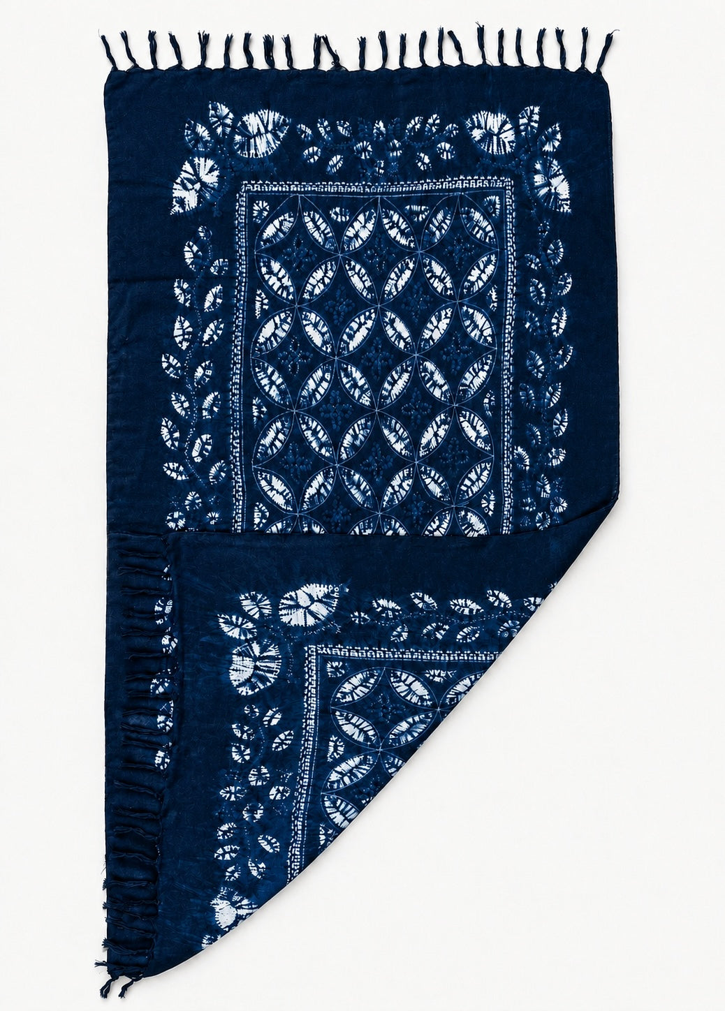 Indigo Leaf Motif Batik Printed Tassel Scarf