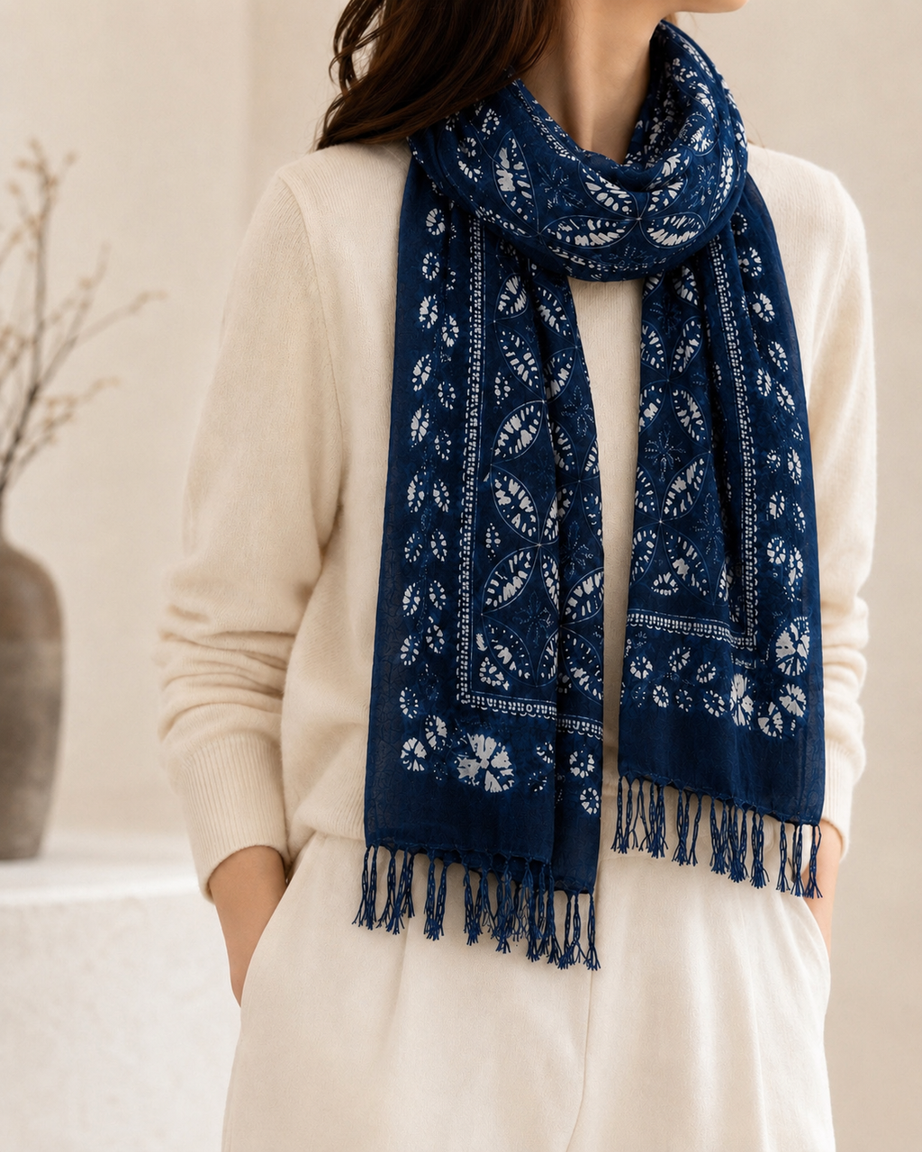 Indigo Leaf Motif Batik Printed Tassel Scarf
