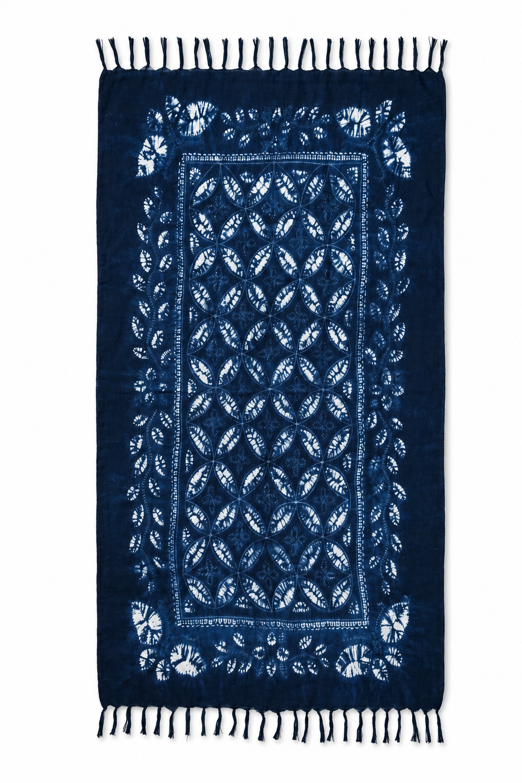Indigo Leaf Motif Batik Printed Tassel Scarf