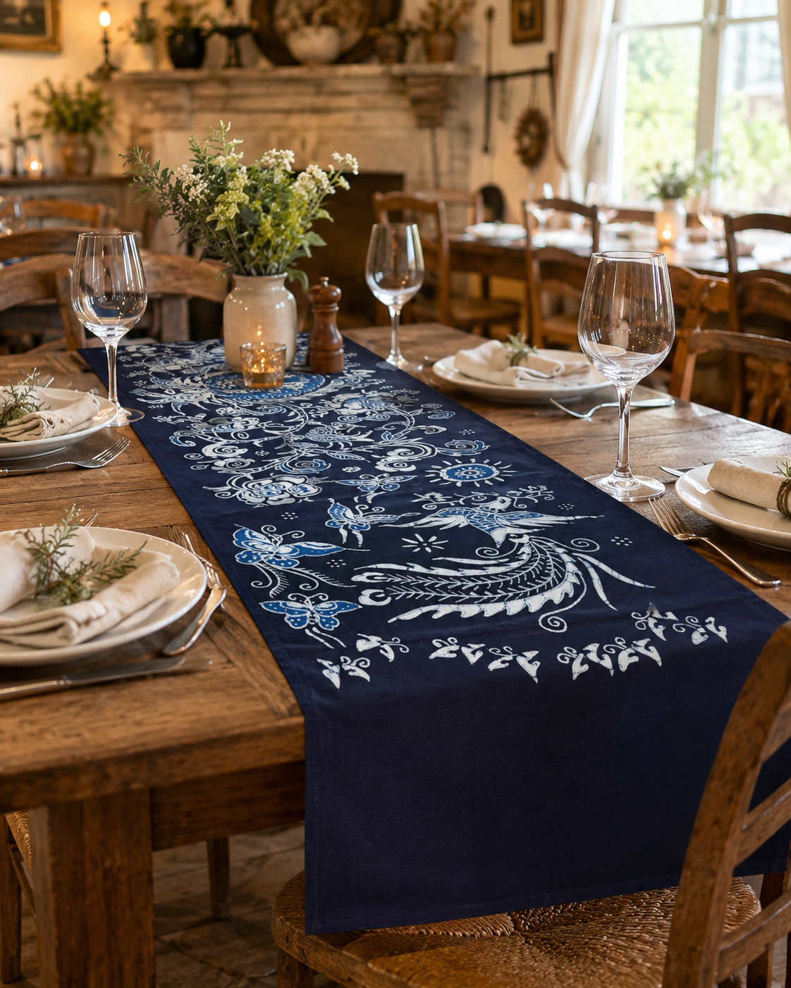 Handmade Indigo Botanical Folk Batik Table Runner