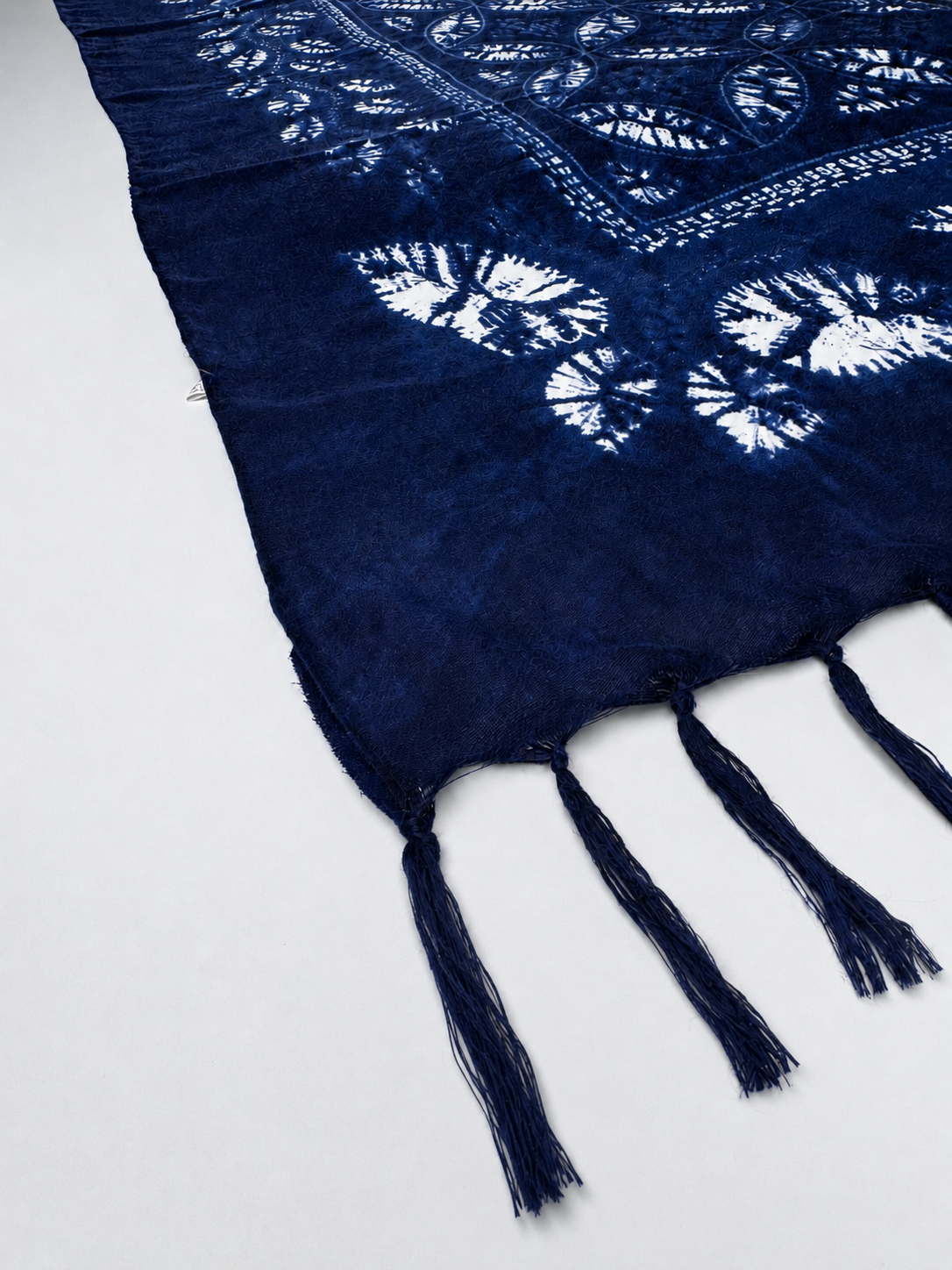 Indigo Leaf Motif Batik Printed Tassel Scarf