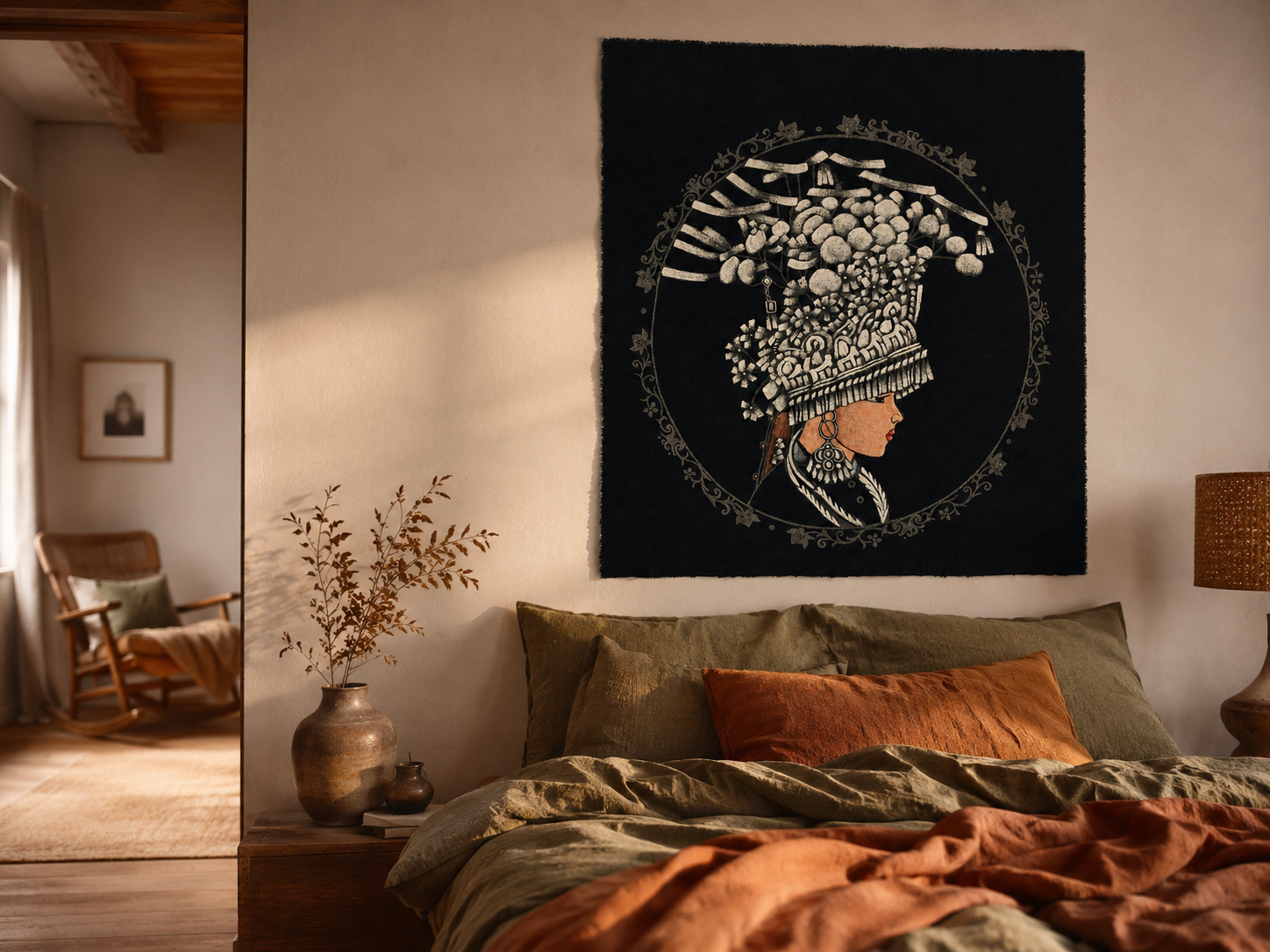 Handmade Miao Silver Headdress Batik Wall Art