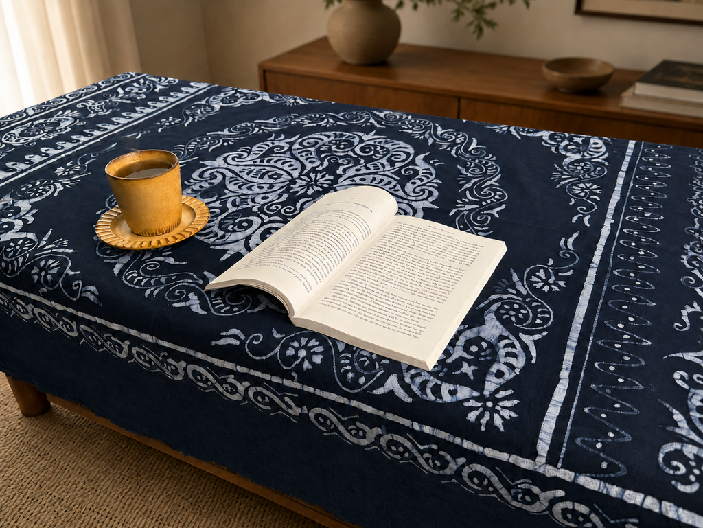 Handmade Indigo Medallion Batik Rectangular Tablecloth