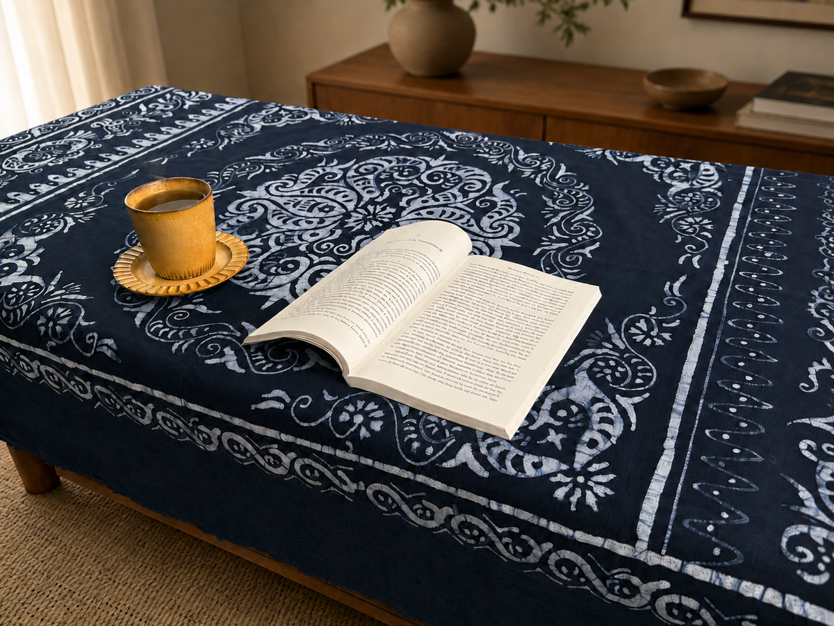Handmade Indigo Medallion Batik Rectangular Tablecloth