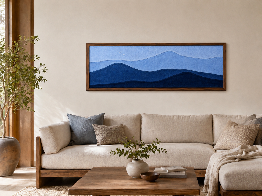 Handmade Indigo Distant Mountains Batik Patchwork Wall Art