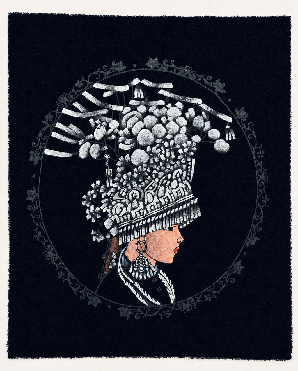 Handmade Miao Silver Headdress Batik Wall Art