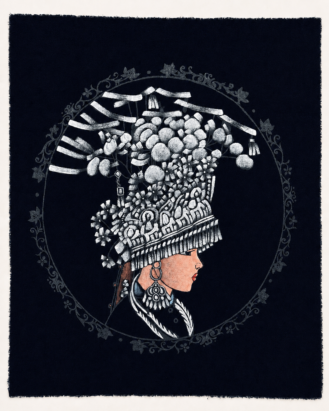Handmade Miao Silver Headdress Batik Wall Art