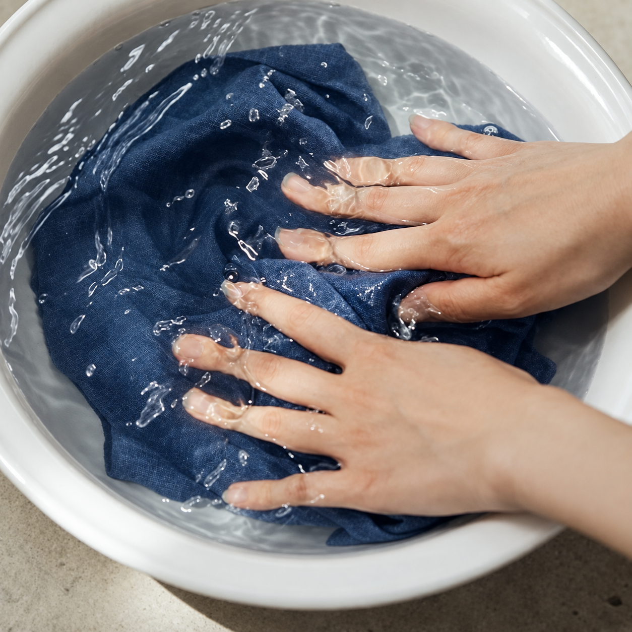 Hands gently washing indigo fabric