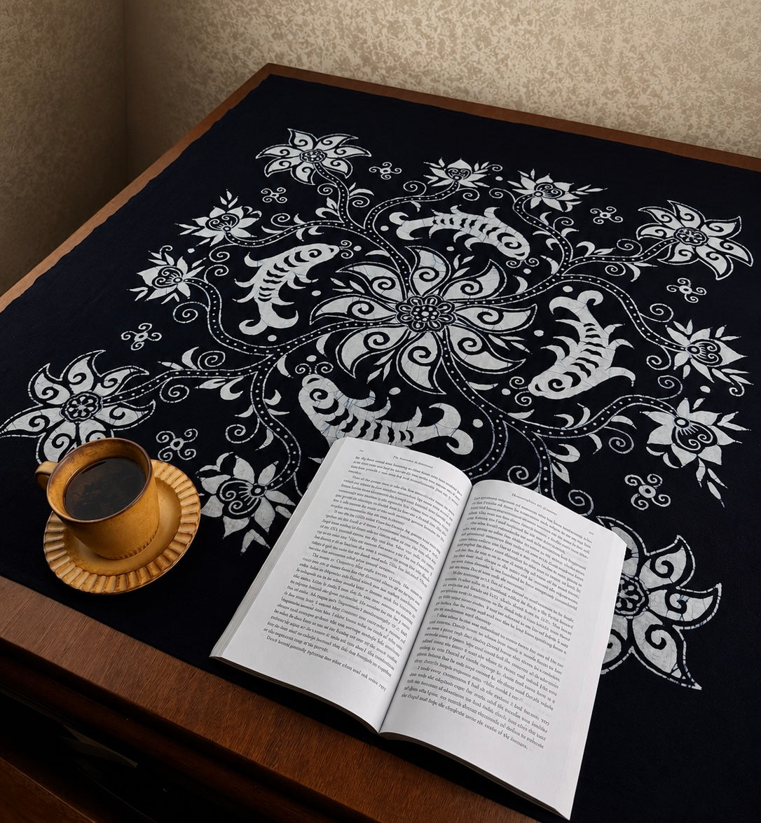 Handmade Indigo Folk Motif Batik Square Tablecloth