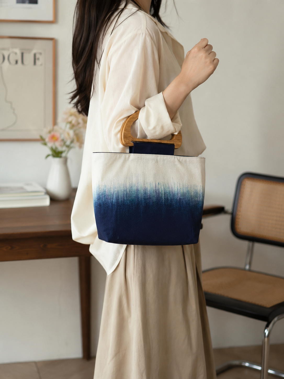 Handmade Indigo Wooden Handle Handbag