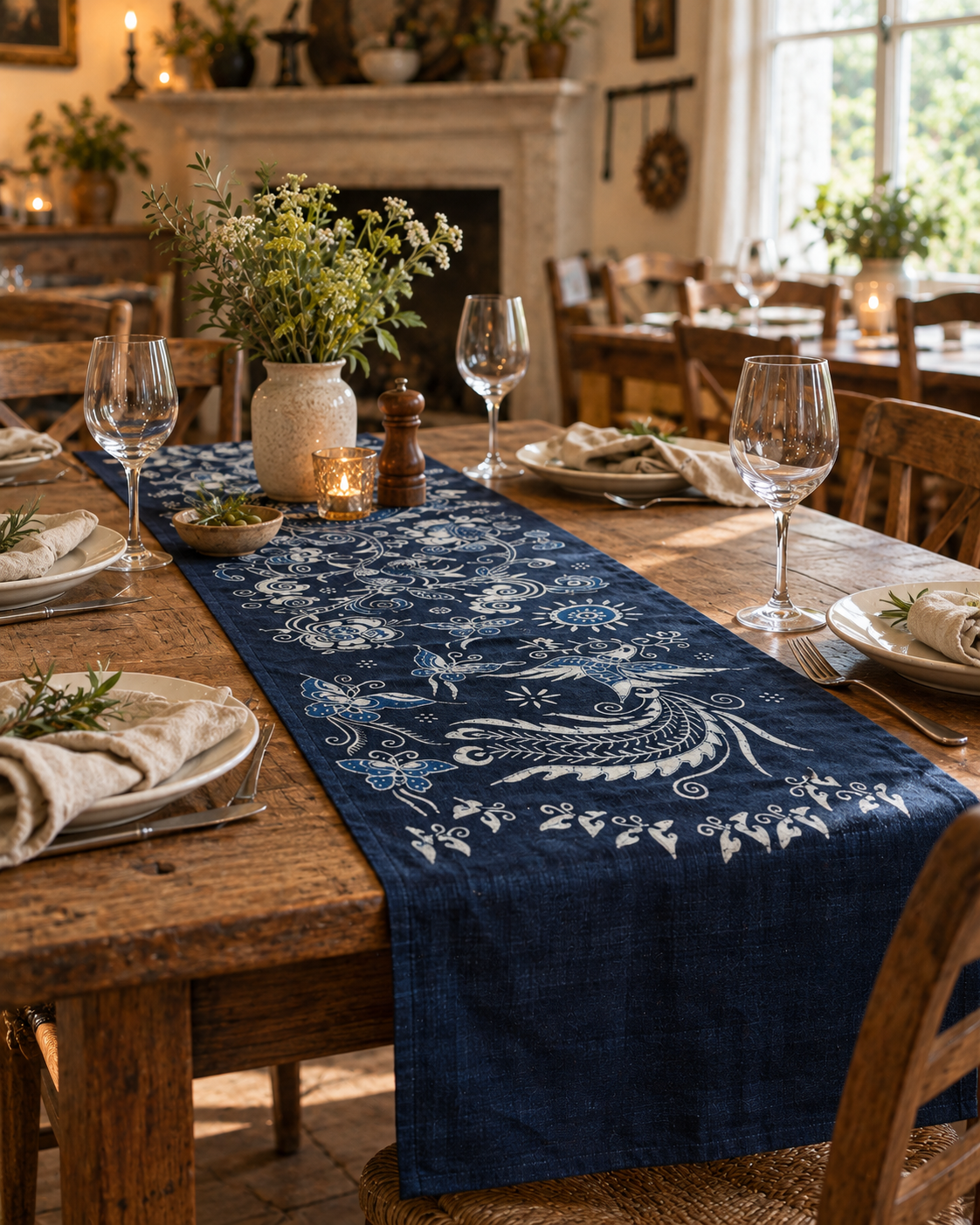 Indigo textiles styled in a home setting